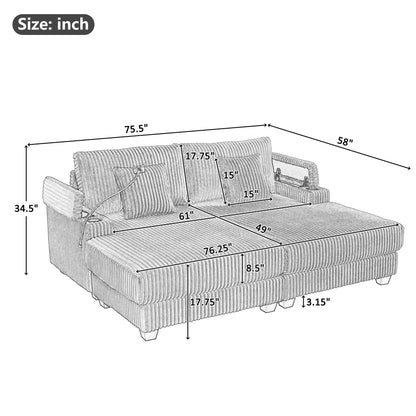 Modern chaise sofa in ribbed gray fabric with adjustable backrest and phone holder on Tampa Home & Garden Store