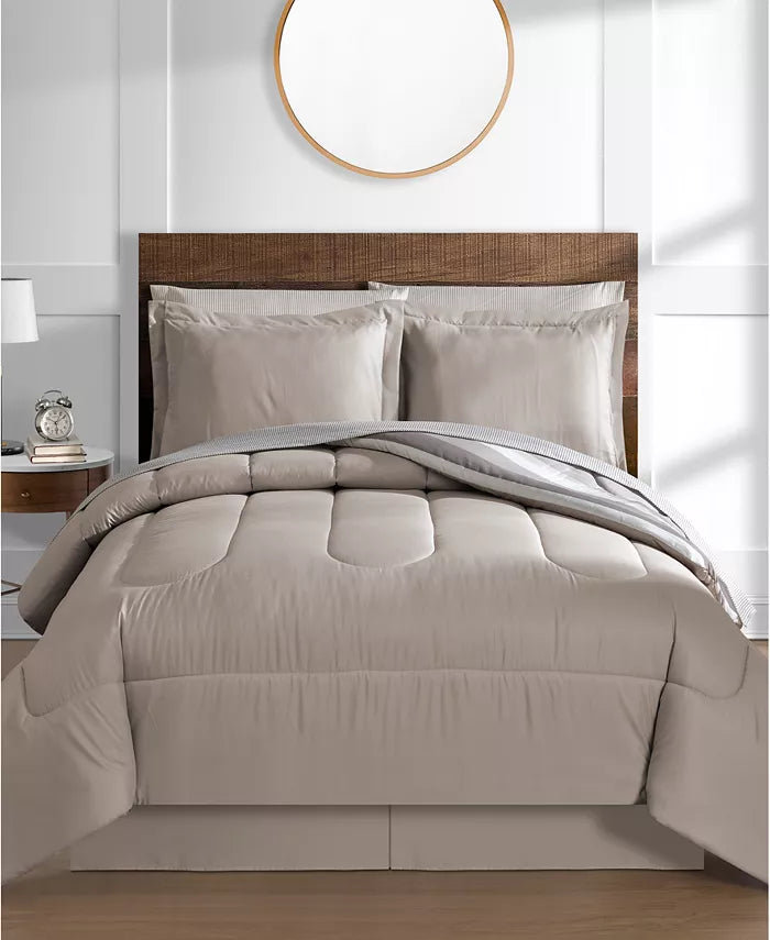 Lanwood Austin Reversible Comforter Set by Vanessa Jane beige taupe quilted top on bed on Tampa Home & Garden Store