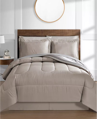 Lanwood Austin Reversible Comforter Set by Vanessa Jane beige taupe quilted top on bed on Tampa Home & Garden Store