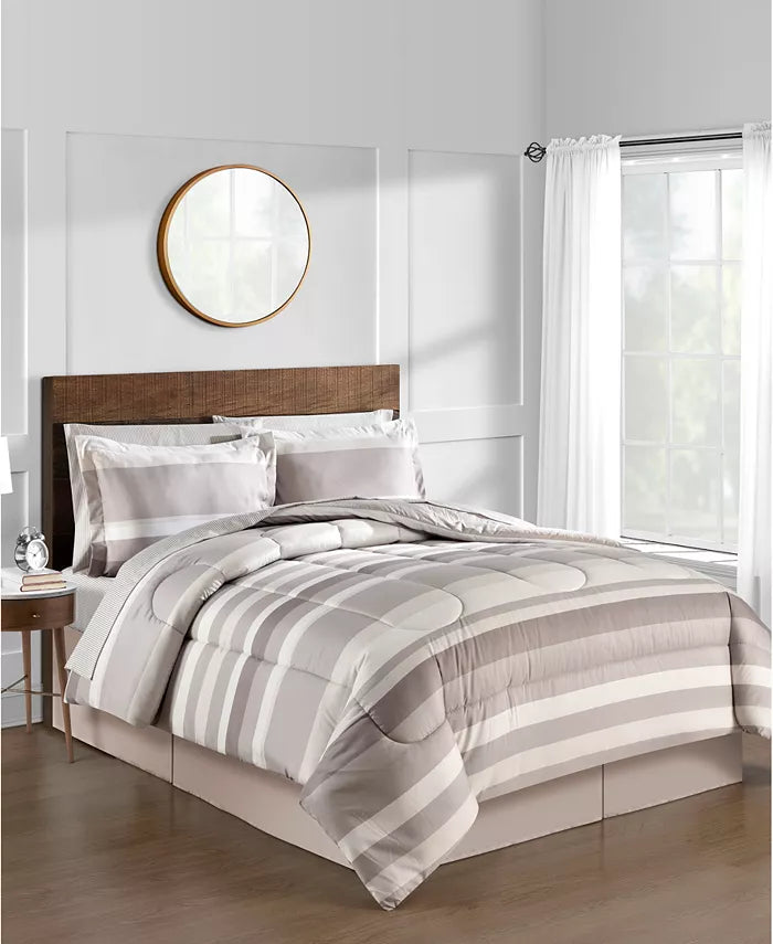 Lanwood Austin reversible comforter set by Vanessa Jane, taupe gray striped bedding on Tampa Home & Garden Store