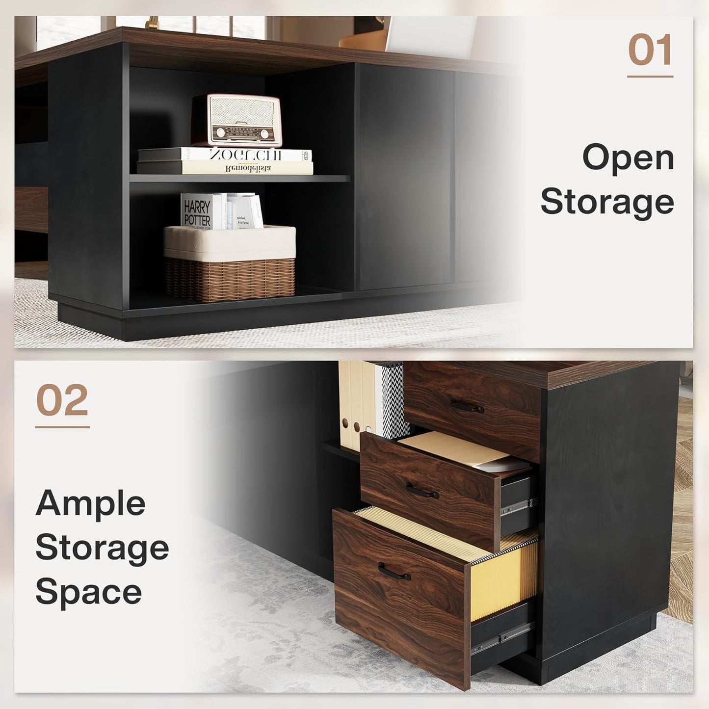 HouseOfZazla L-Shaped Executive Desk with File Cabinet, black finish, wood top, open storage on Tampa Home & Garden Store