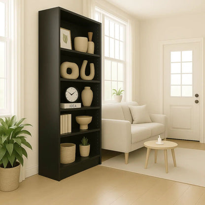 5 Tier Bookshelf Storage Cabinet With Anti-Tip Kit in black finish, tall standard bookcase on Tampa Home & Garden Store
