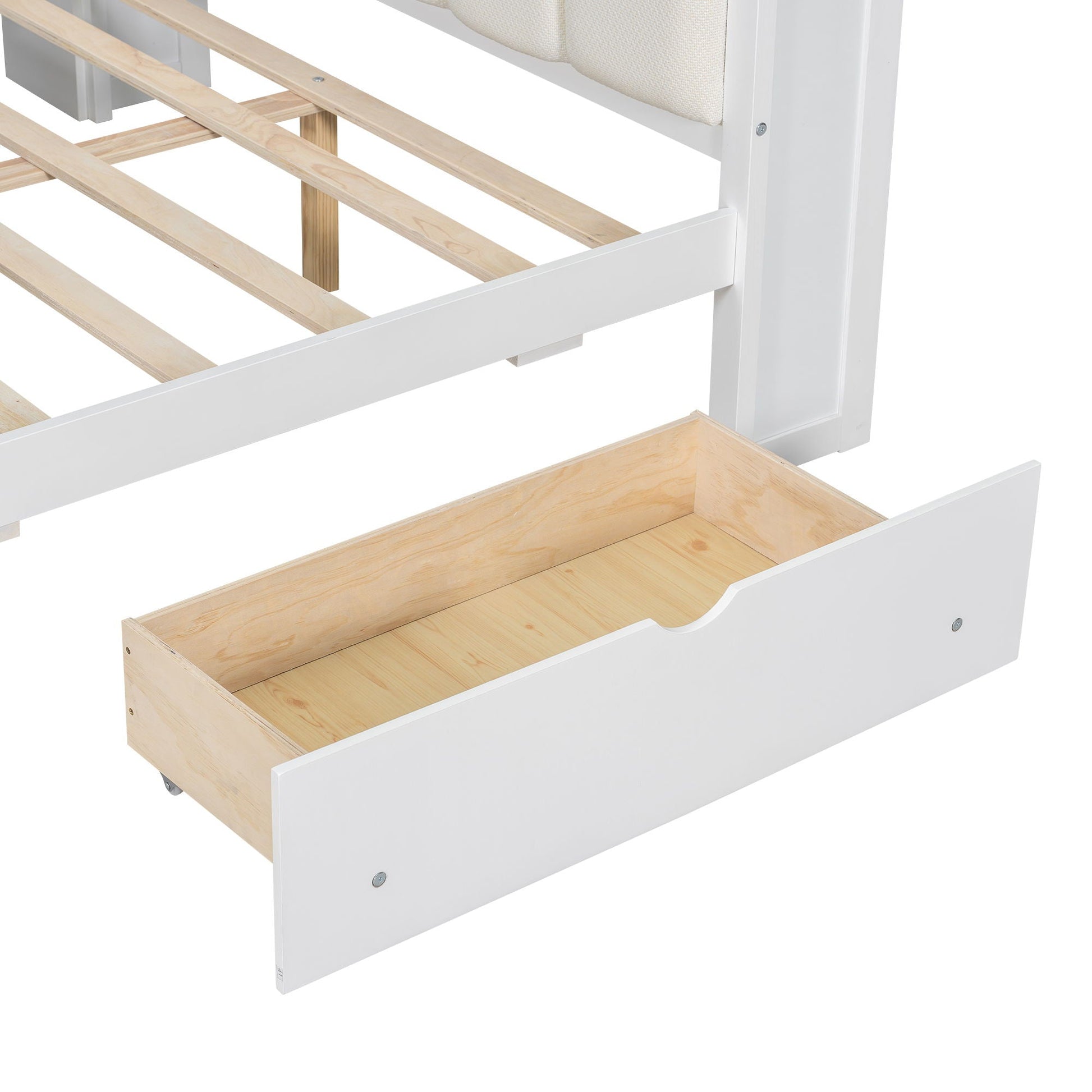 Platform bed with white frame, natural wood storage drawers and slatted base on Tampa Home & Garden Store