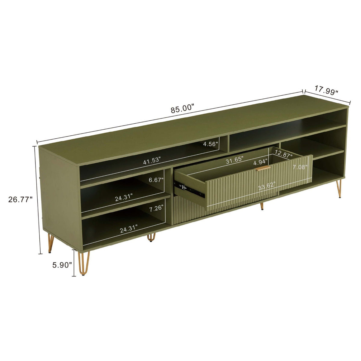 Fluted TV Stand with Storage by HouseOfZazla, olive green finish, gold metal legs on Tampa Home & Garden Store