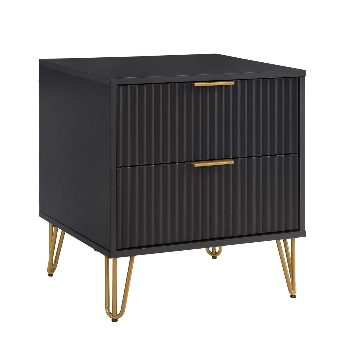 Dumbo Nightstand with 2 drawers, fluted fronts, black finish, gold handles, HouseOfZazla on Tampa Home & Garden Store
