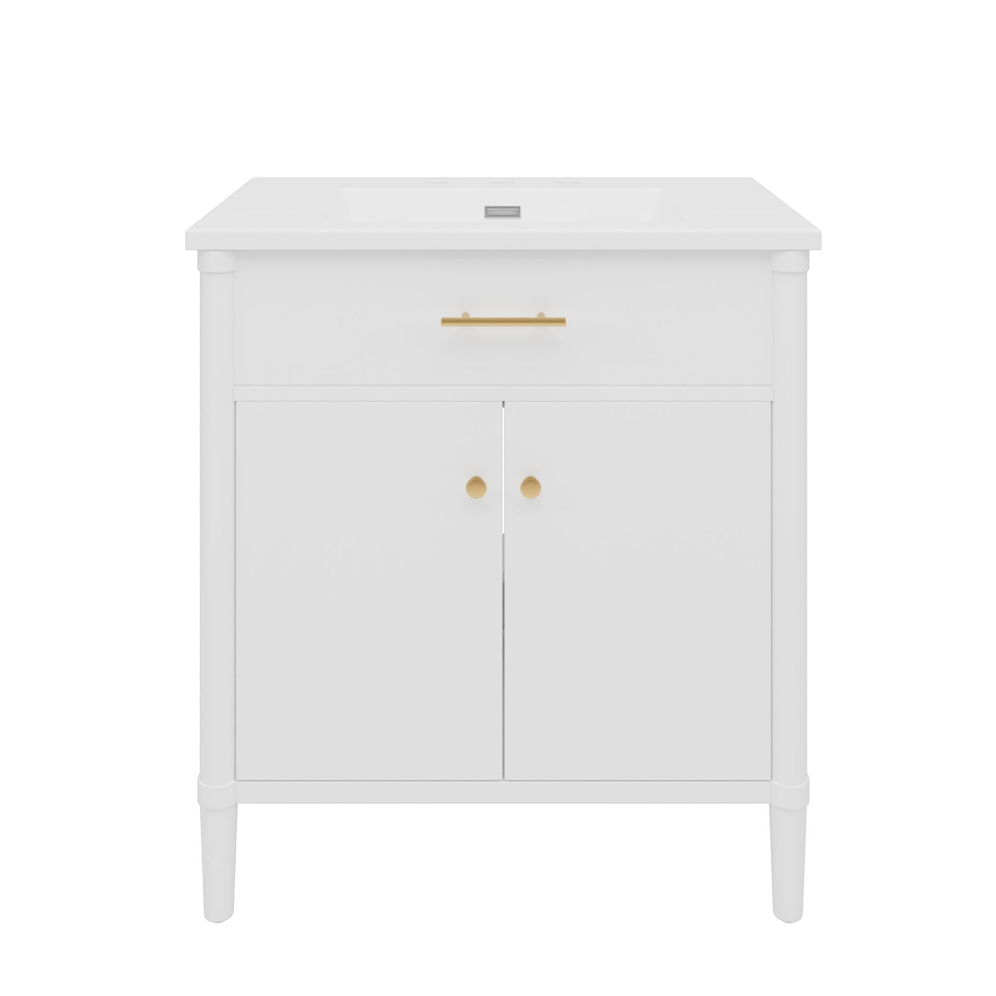 White bathroom vanity with sink, top drawer with gold bar handle and gold knob cabinet doors on Tampa Home & Garden Store