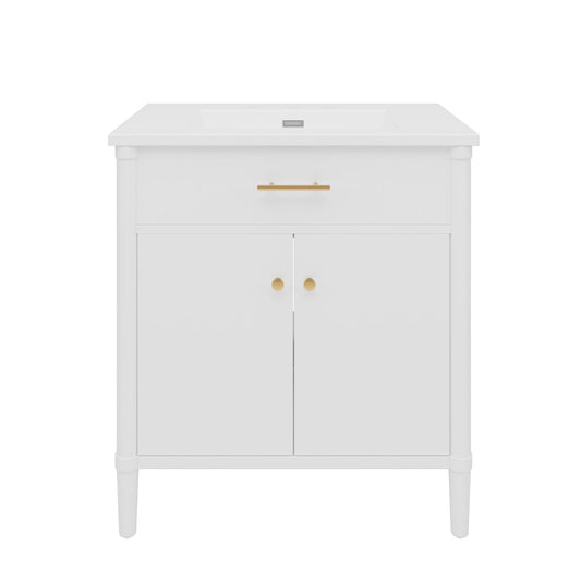 White bathroom vanity with sink, top drawer with gold bar handle and gold knob cabinet doors on Tampa Home & Garden Store
