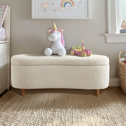 Flip Top Storage Bench beige upholstery with softclose hinges; plush unicorn on bench in kid room on Tampa Home & Garden Store