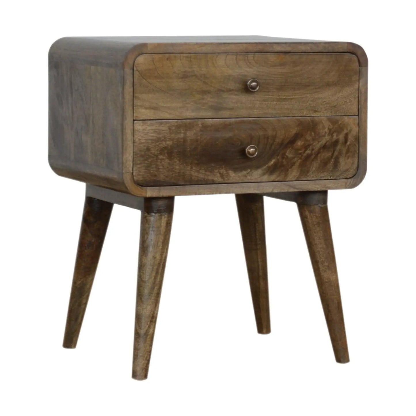 Curved Nightstand with woodgrain finish and two-drawer design on Tampa Home & Garden Store
