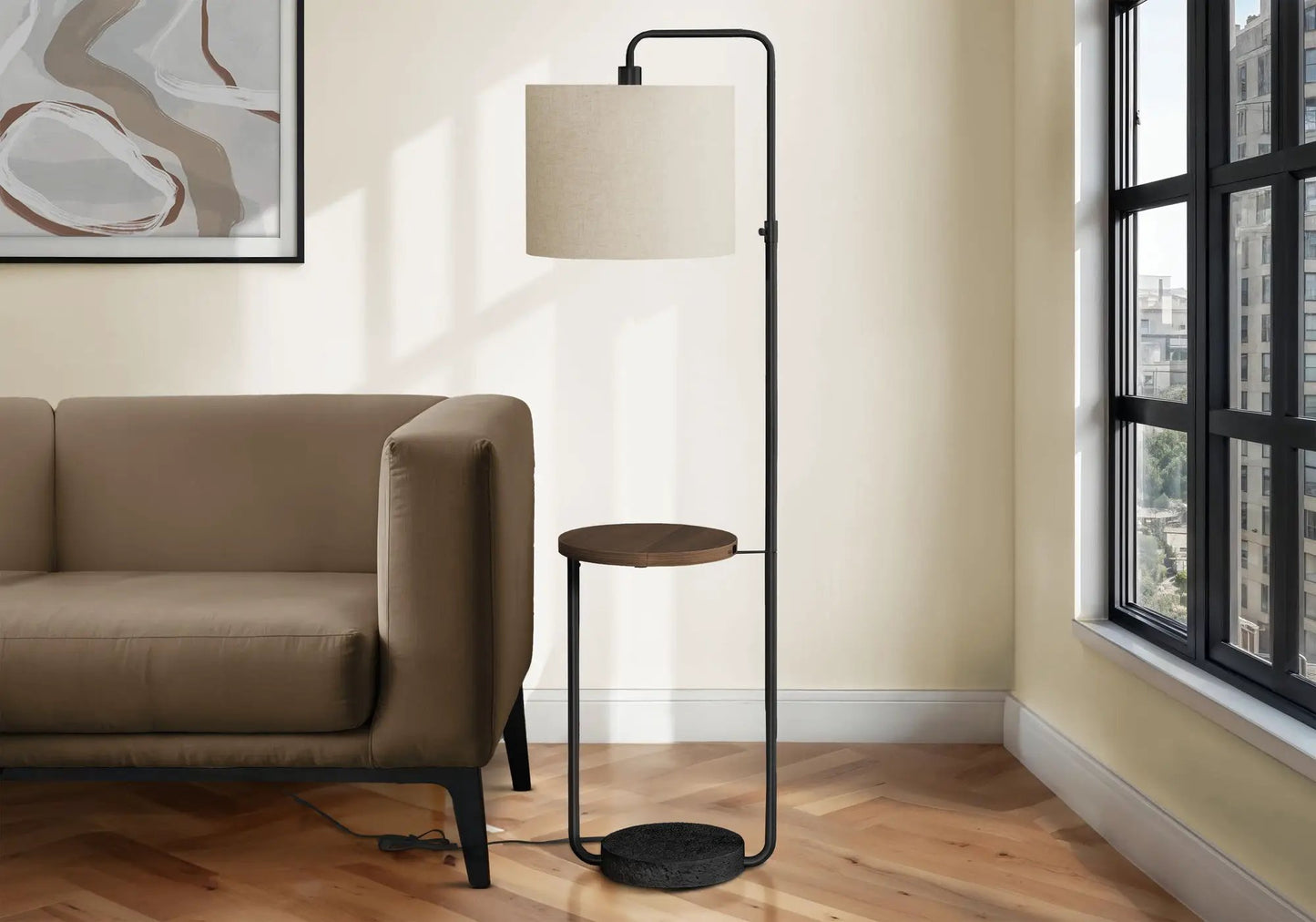 Floor lamp with USB port, black metal frame, beige fabric shade by Unique Piece Furniture on Tampa Home & Garden Store