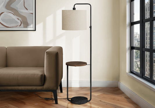 Floor lamp USB port included, beige shade, black arched stand with wood shelf HouseOfZazla on Tampa Home & Garden Store