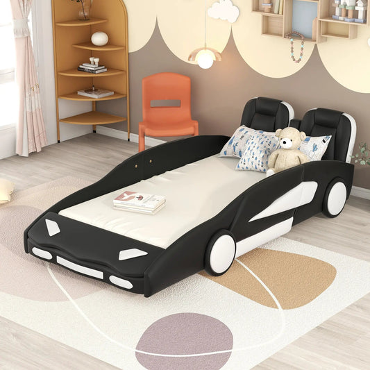 Twin race car shaped platform bed with wheels in black and white twin size on Tampa Home & Garden Store