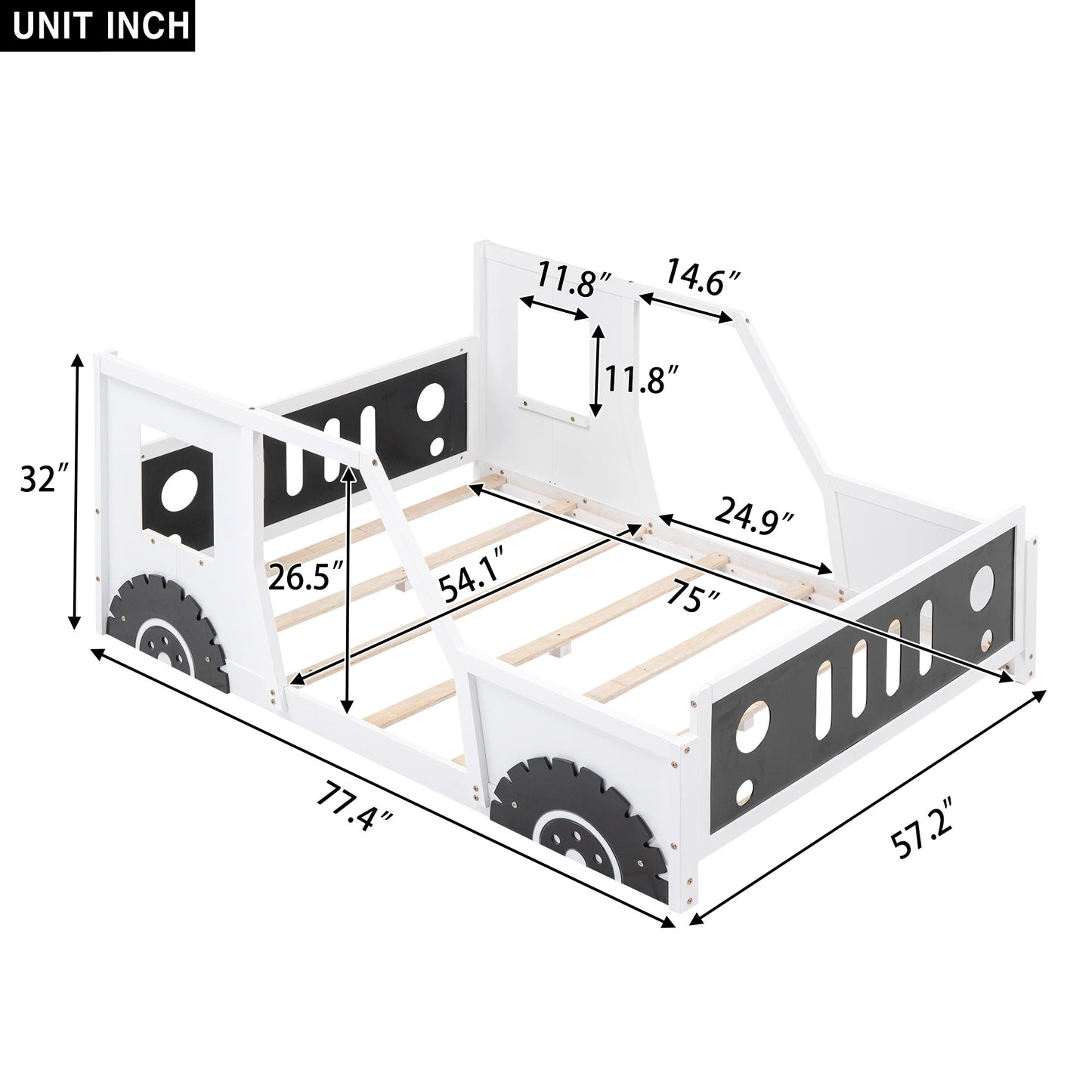 Full Size Classic Car-Shaped Platform Bed with Wheels White