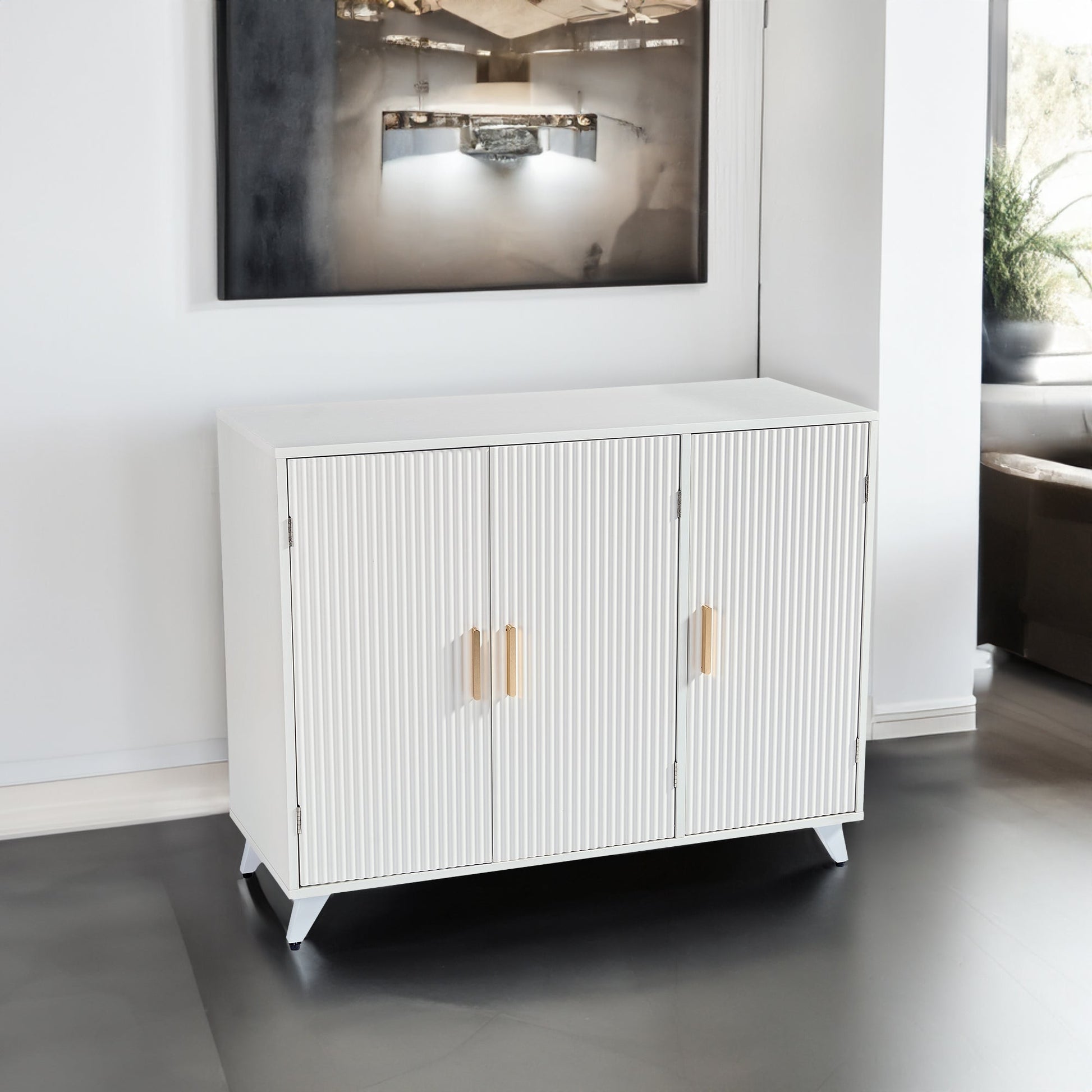 ideboard with wavy texture buffet cabinet, white accent cabinet with door, modern bookcase for kitchen living room - Tampa Home & Garden Store