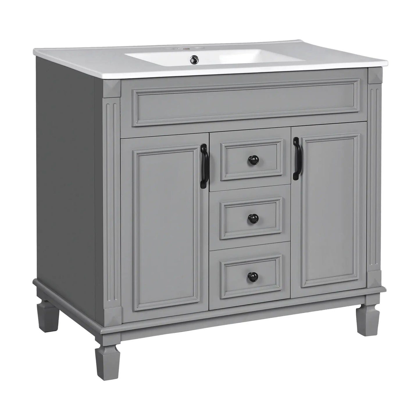 Bathroom vanity with sink in gray cabinet white counter, 2 soft-closing doors and 2 drawers on Tampa Home & Garden Store