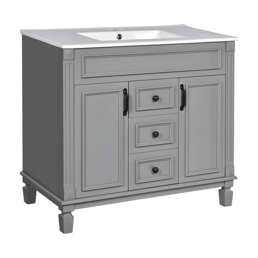 Bathroom vanity with sink in gray cabinet white counter, 2 soft-closing doors and 2 drawers on Tampa Home & Garden Store