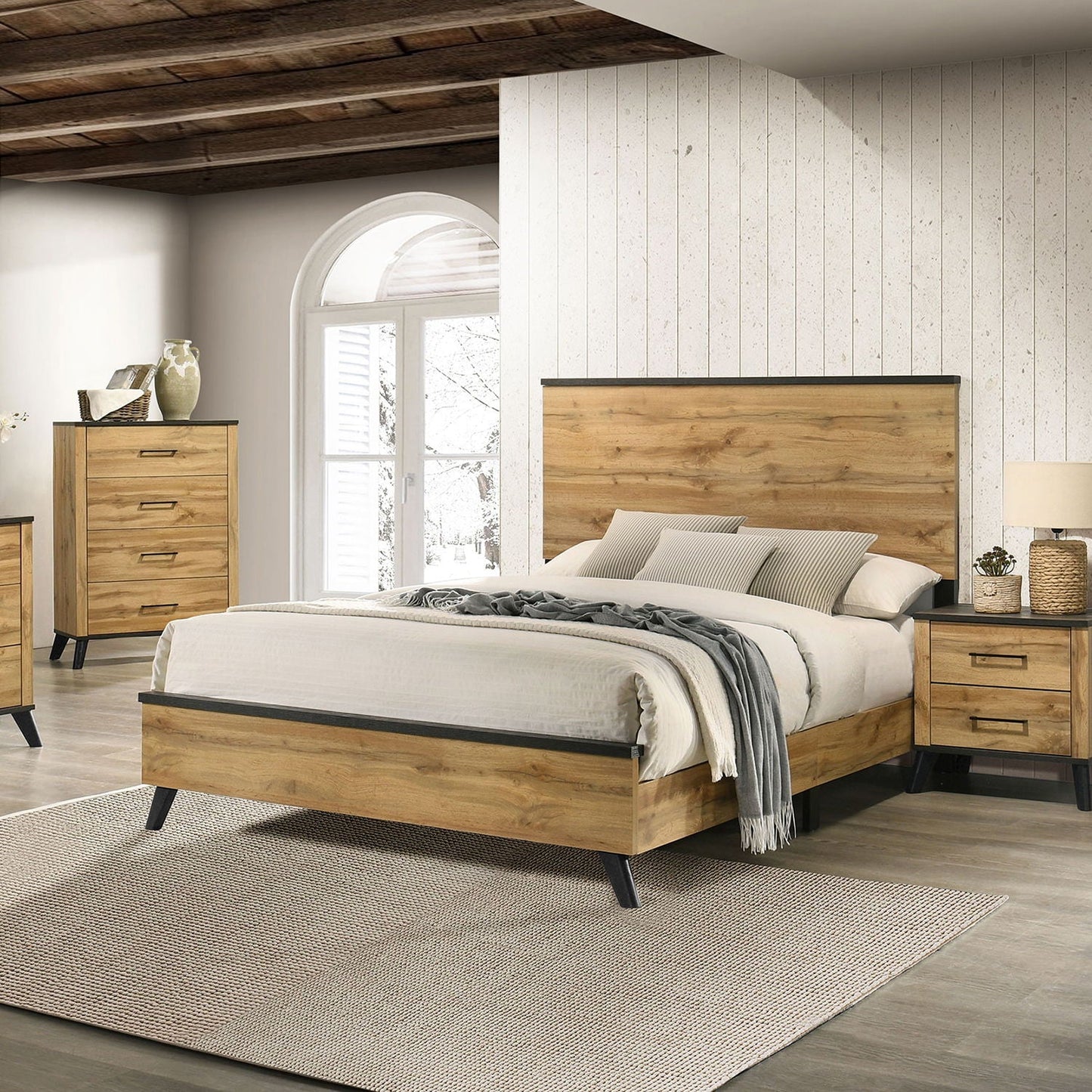 Fraser Queen Panel Bed natural wood with black trim by HouseOfZazla, with dresser on Tampa Home & Garden Store