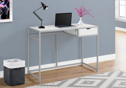 Computer desk for home office with a silver metal frame, white top, and 1 storage drawer on Tampa Home & Garden Store
