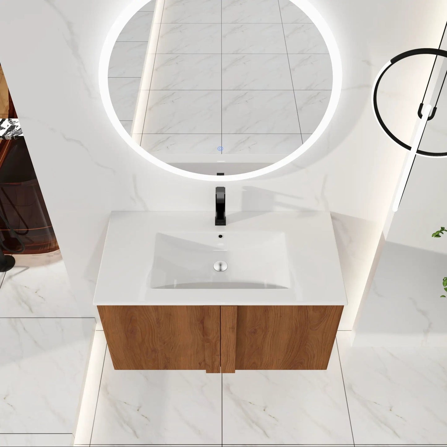 Floating bathroom vanity with sink combo, woodgrain cabinet, white countertop, mirror on Tampa Home & Garden Store