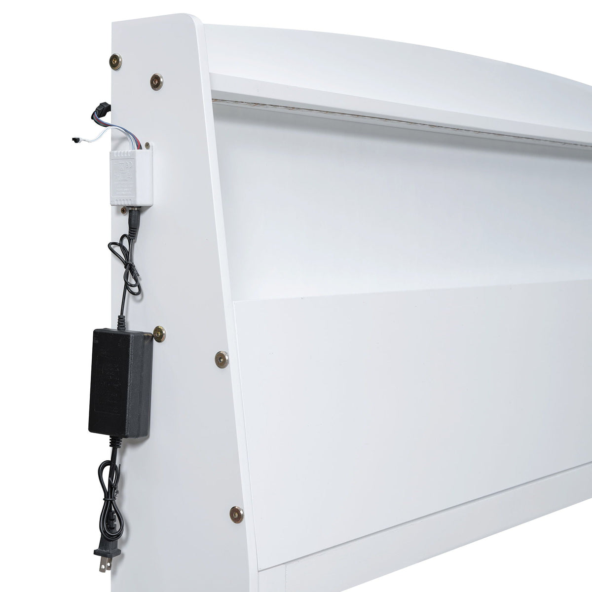 Full-size platform bed with storage and LED headboard, white; side power module on Tampa Home & Garden Store