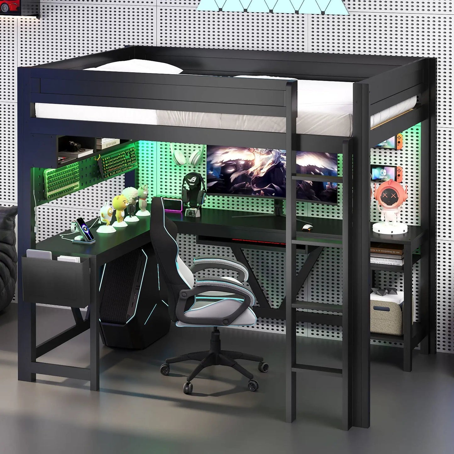 Gaming Loft Bed with Desk and LED Lighting
