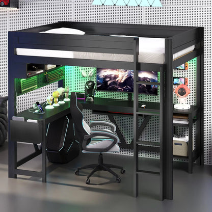 Gaming Loft Bed with Desk and LED Lighting