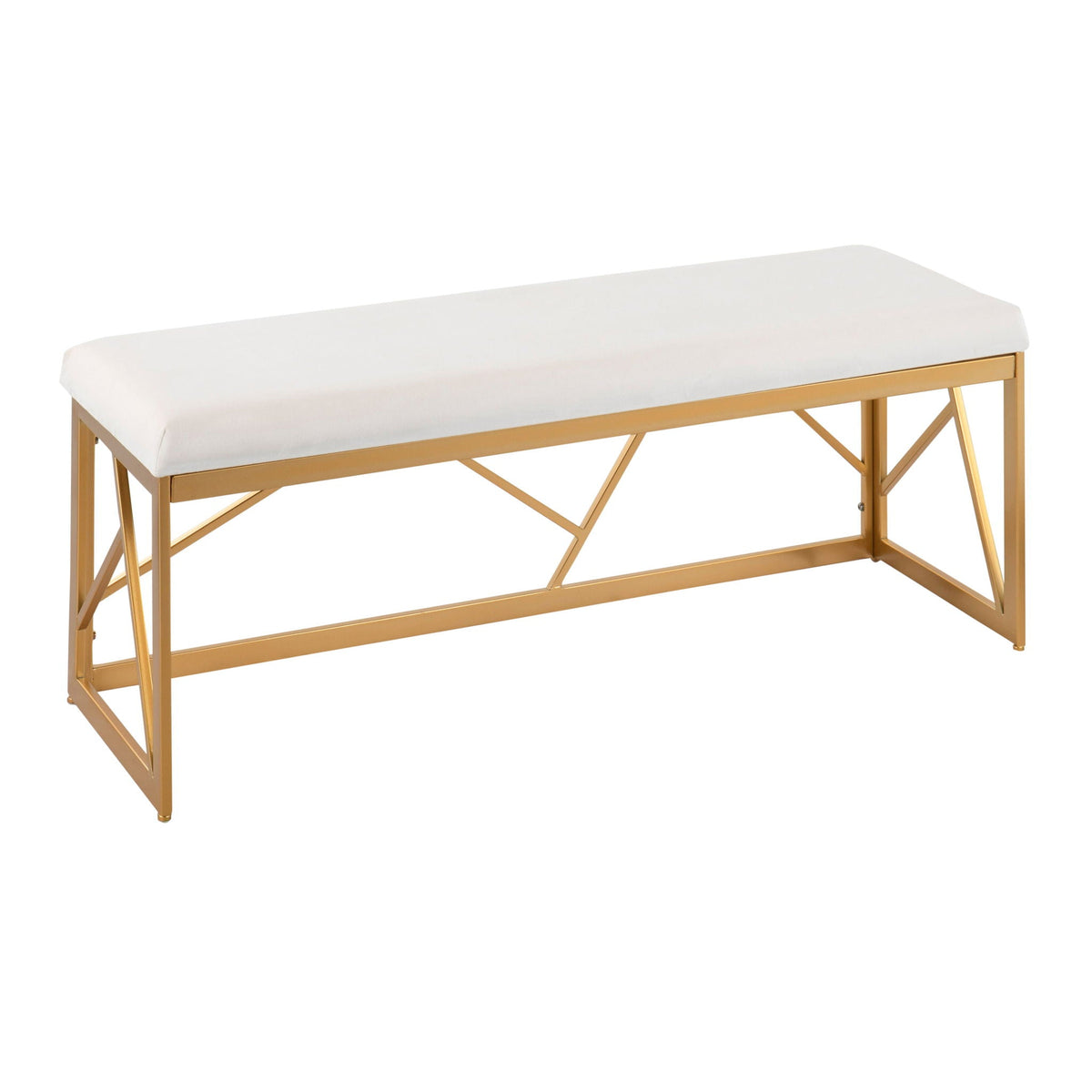 Glam upholstered bench with white cushion and gold geometric metal frame HouseOfZazla on Tampa Home & Garden Store