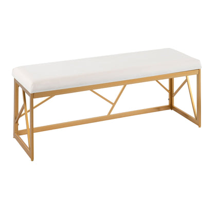 Glam upholstered bench with white cushion and gold geometric metal frame HouseOfZazla on Tampa Home & Garden Store