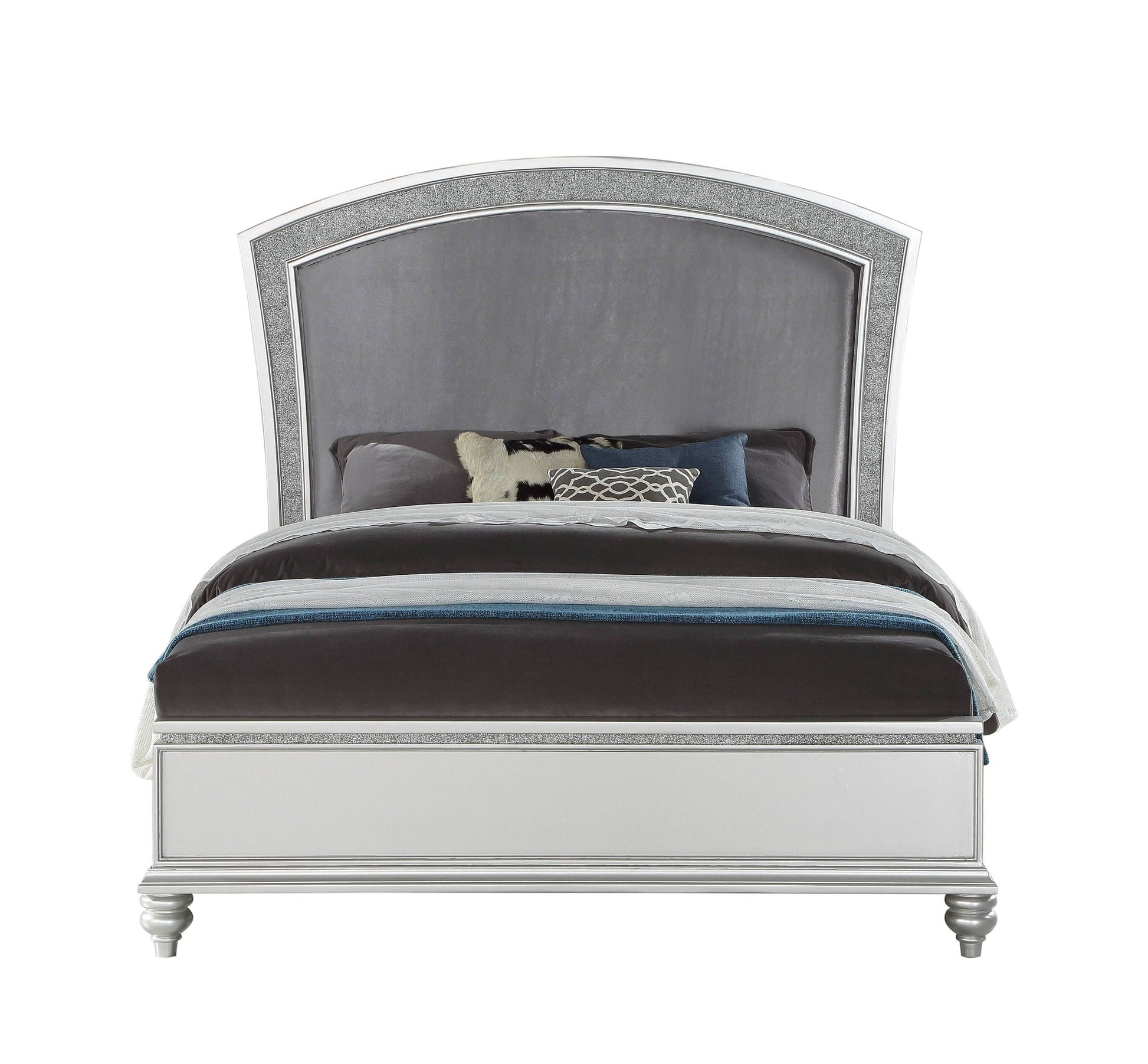 Maverick Panel Bed by HouseOfZazla with glitter silver trim and grey upholstered headboard on Tampa Home & Garden Store