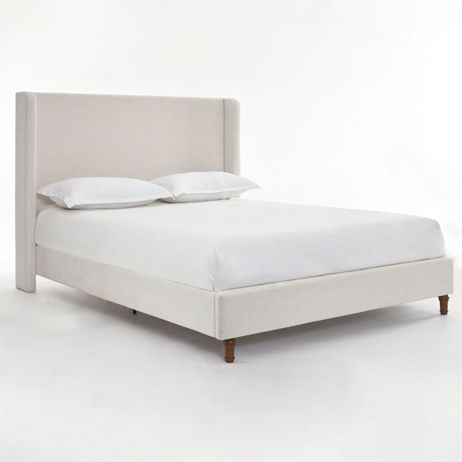Harper tall upholstered bed with beige linen headboard, no box spring on Tampa Home & Garden Store