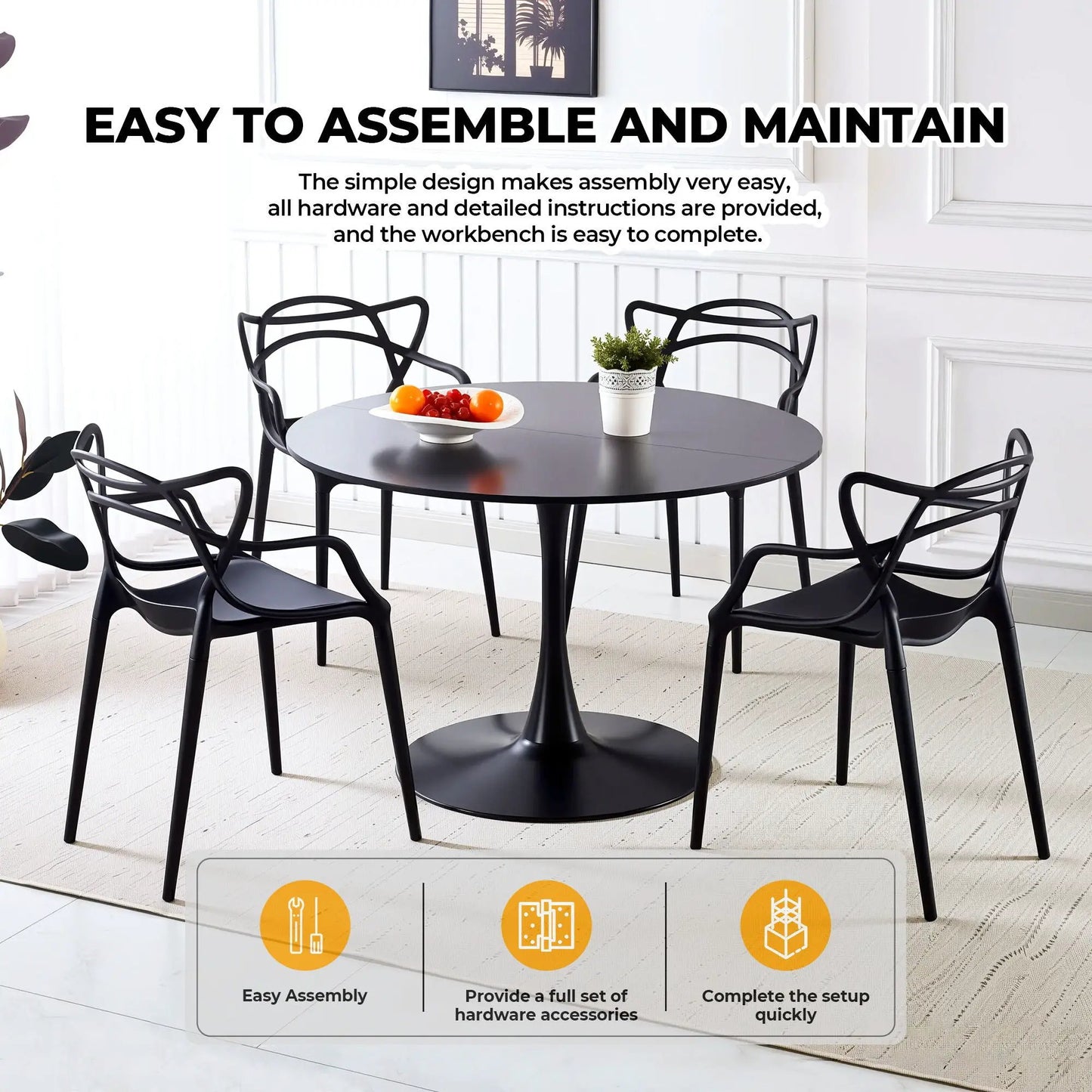 Tulip Special Dining Table with six black pedestal chairs in a bright white dining room on Tampa Home & Garden Store