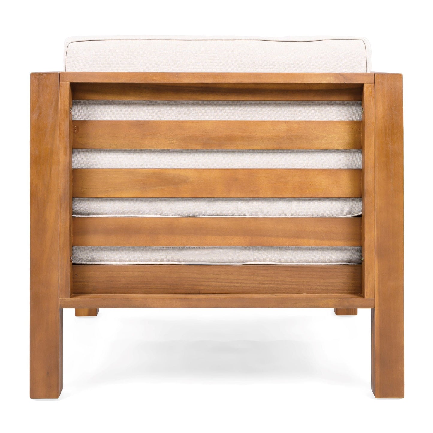 Outdoor club chair with warm brown wood frame and beige cushions on Tampa Home & Garden Store
