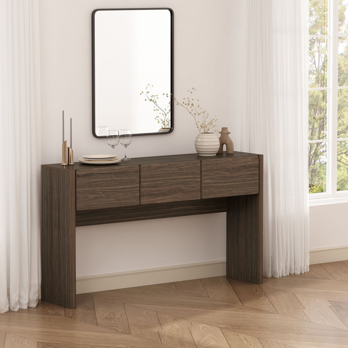 Linda Console Table with three drawers in dark brown wood finish under a large black-framed rounded mirror on Tampa Home & Garden Store