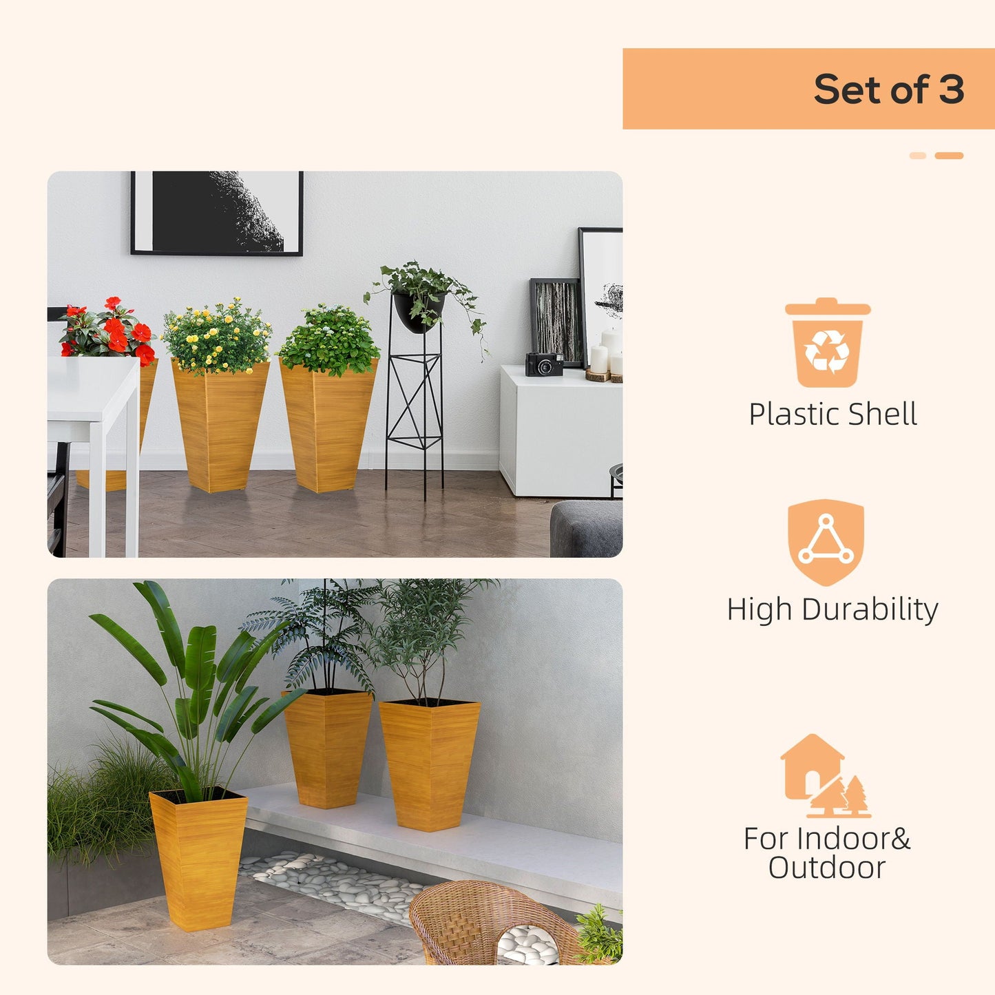 Outsunny large tapered outdoor planters set of 3 with faux wood texture and drainage holes on Tampa Home & Garden Store
