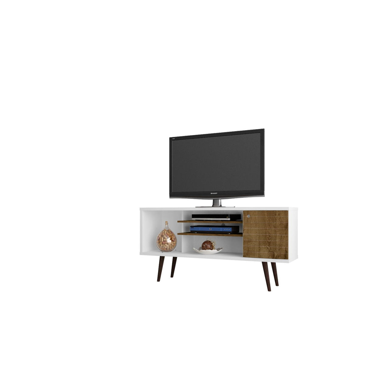 Smart Storage TV Stand with solid wood legs, white body and wood-grain door, HouseOfZazla on Tampa Home & Garden Store