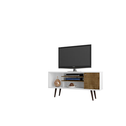 Smart Storage TV Stand with solid wood legs, white body and wood-grain door, HouseOfZazla on Tampa Home & Garden Store