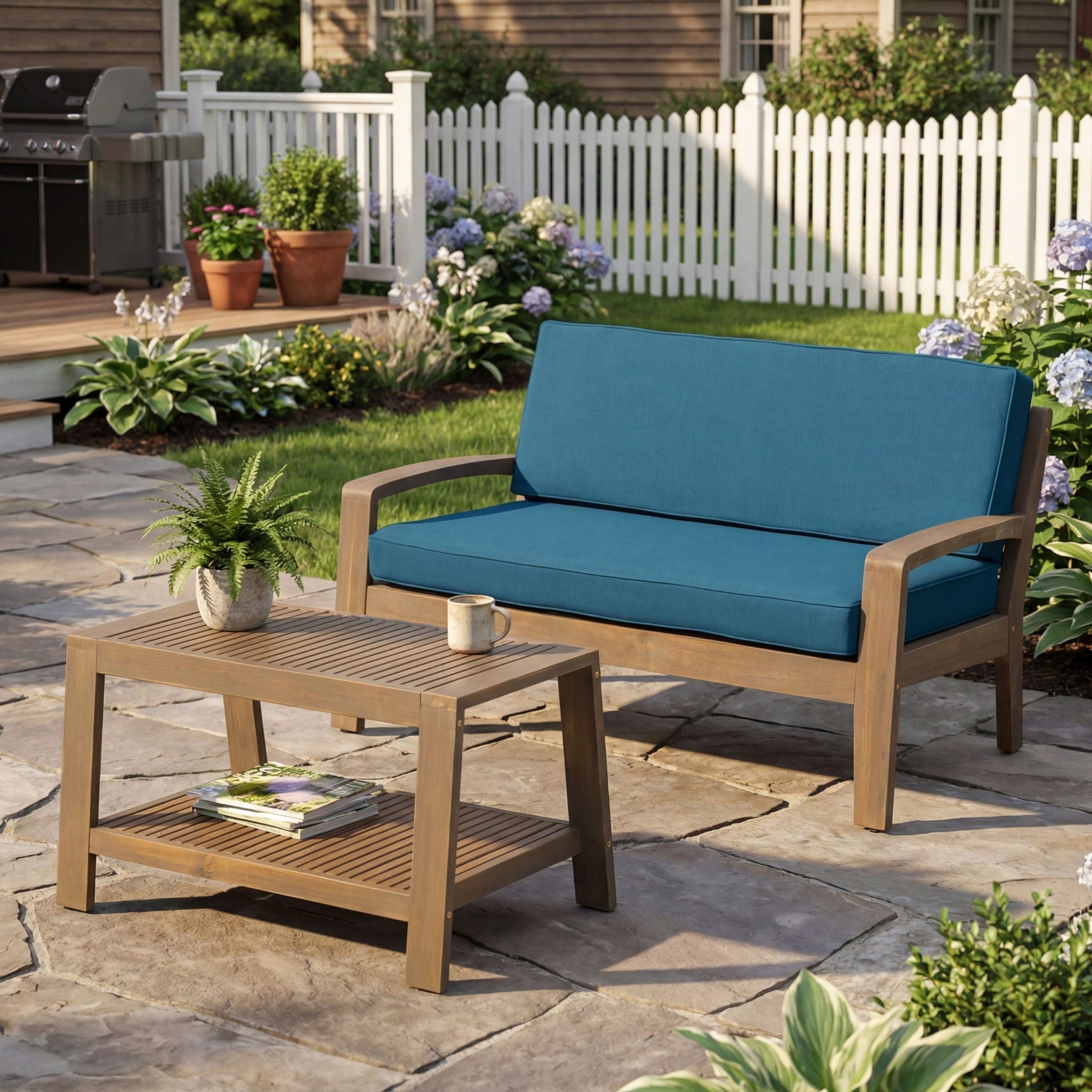 2-piece outdoor set: loveseat + coffee table, blue cushions, HouseOfZazla on Tampa Home & Garden Store