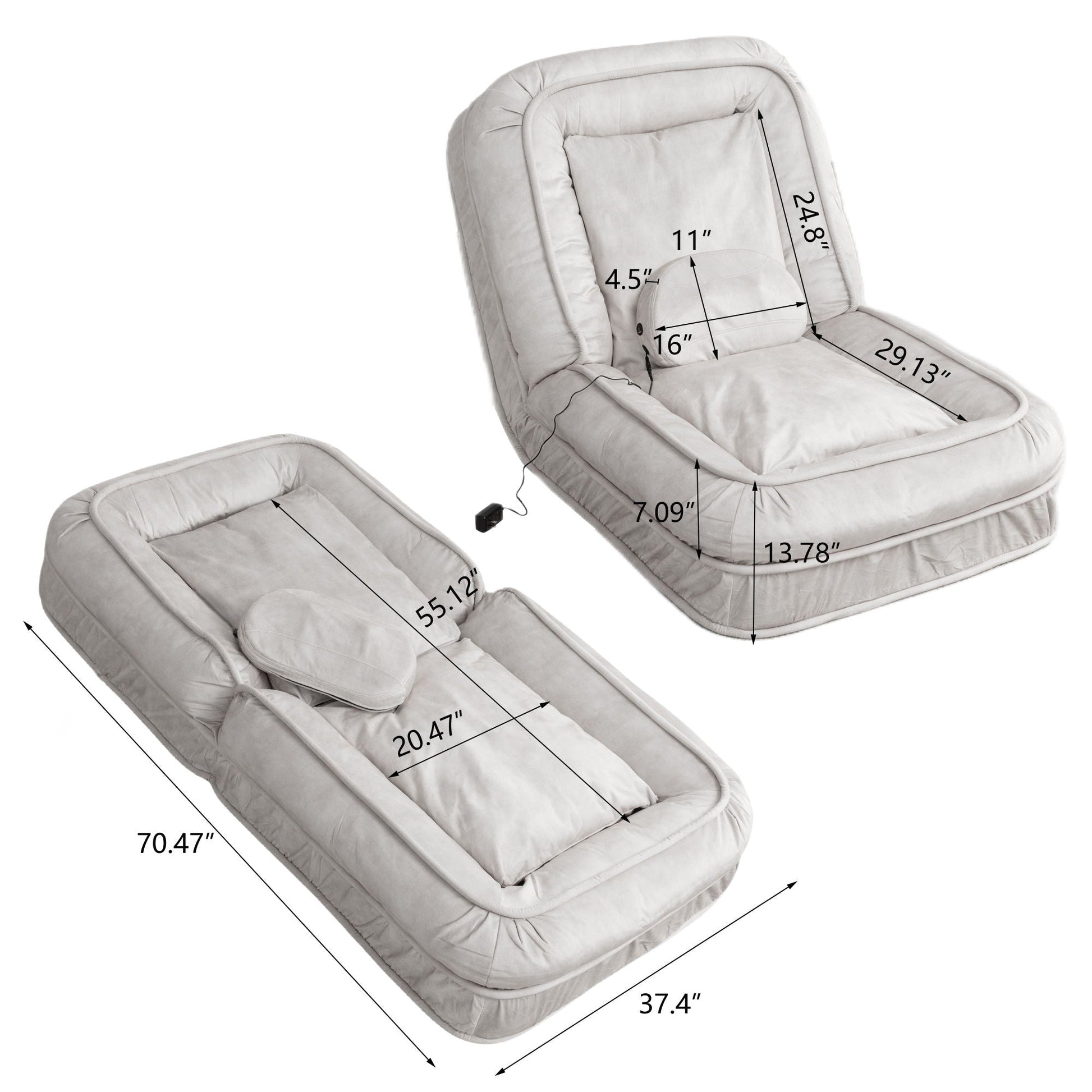 Massage bean bag floor sofa by HouseOfZazla with pillow, gray fabric, 5-position, 2 pillows on Tampa Home & Garden Store
