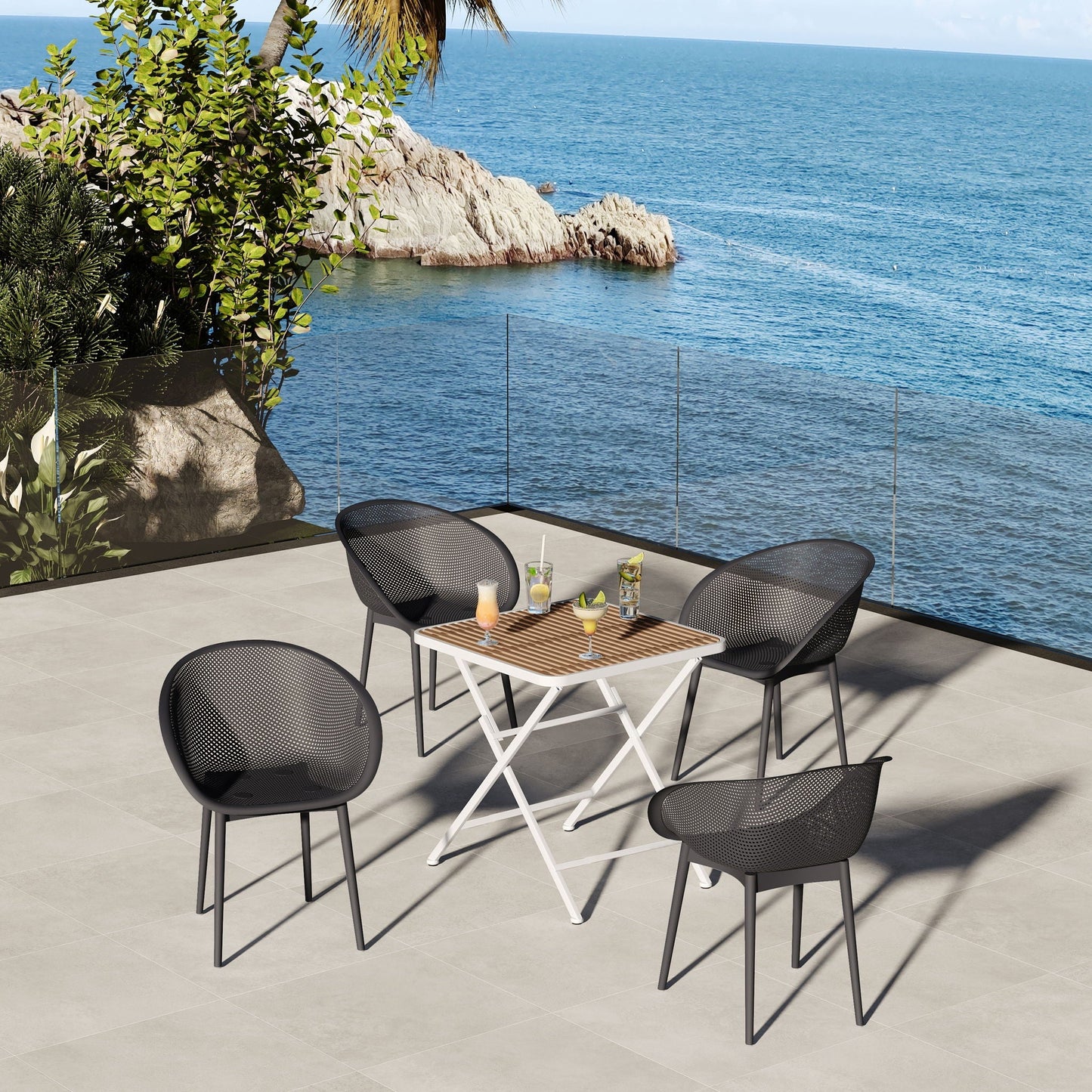 2 Piece Durable Single Chair With Hollow Out Design black outdoor chairs on a patio by the sea on Tampa Home & Garden Store