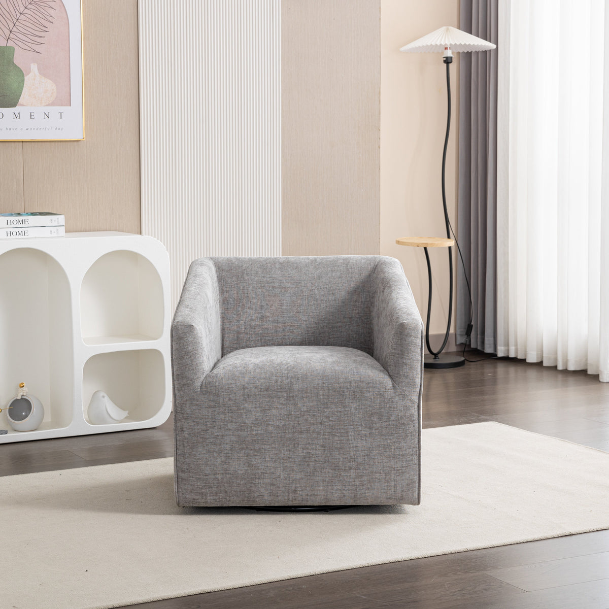 HouseOfZazla Modern Upholstered Barrel Armchair, grey fabric, 360° swivel on Tampa Home & Garden Store
