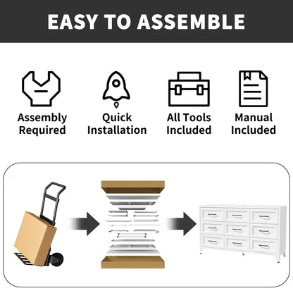 9 Drawer White Metal Dresser with Quiet-Glide Rails by HouseOfZazla, shown with assembly icons on Tampa Home & Garden Store