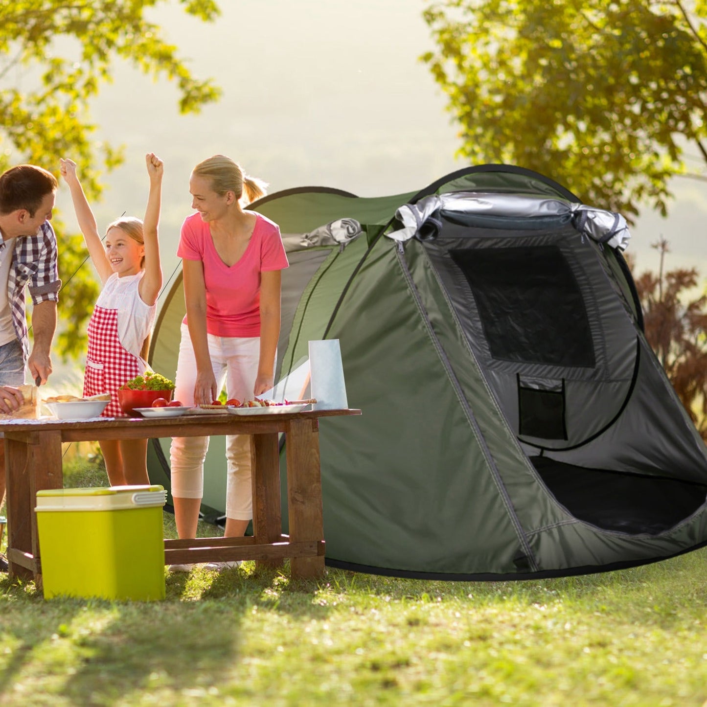 GemGear 3-4 Person Pop-Up Tent green with mosquito net windows, family camping scene on Tampa Home & Garden Store