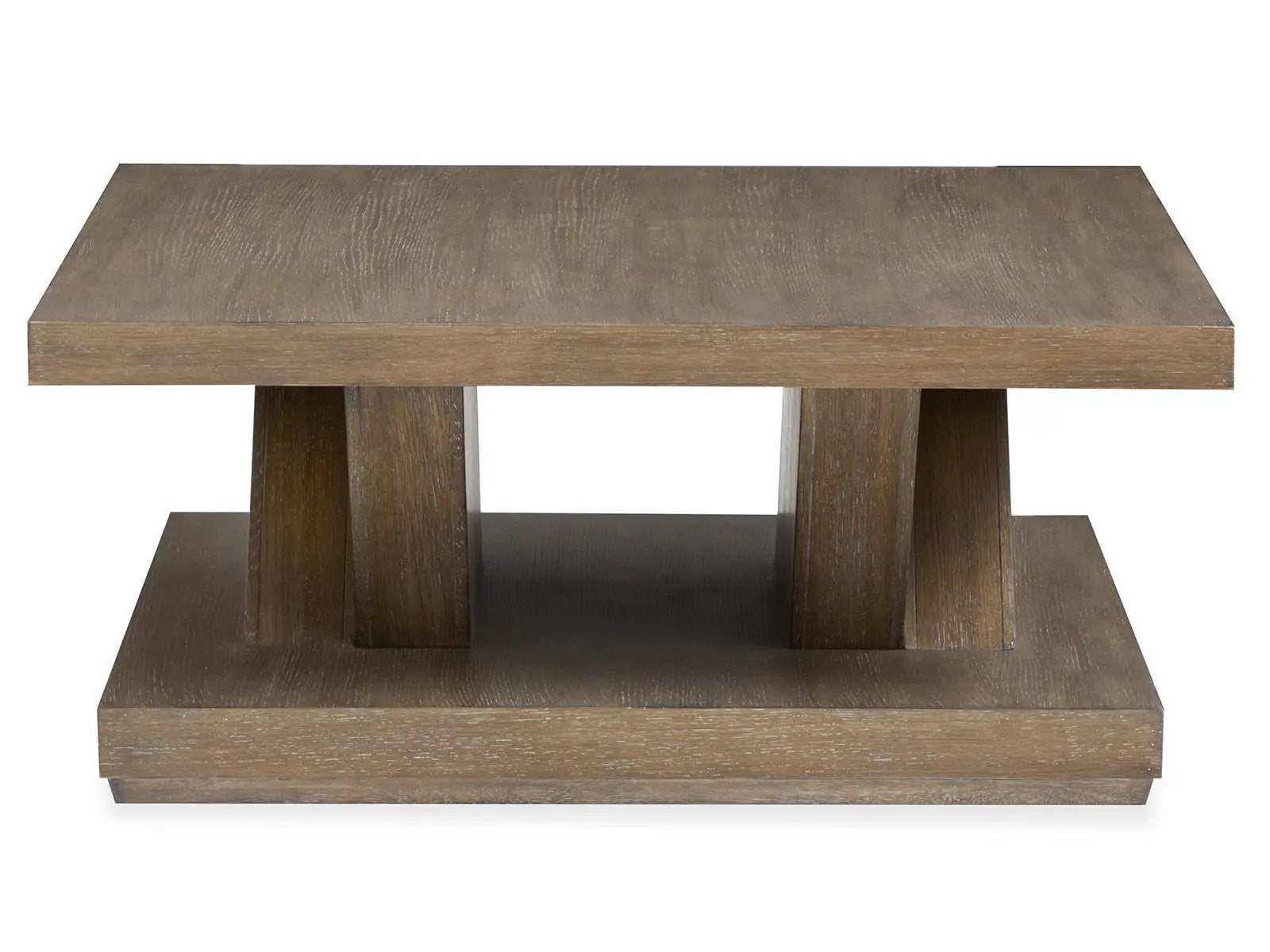 Lansbury square cocktail table antique wheat finish with thick pedestal legs and lower shelf on Tampa Home & Garden Store