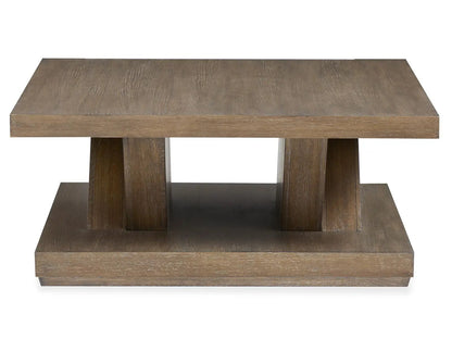 Lansbury square cocktail table antique wheat finish with thick pedestal legs and lower shelf on Tampa Home & Garden Store