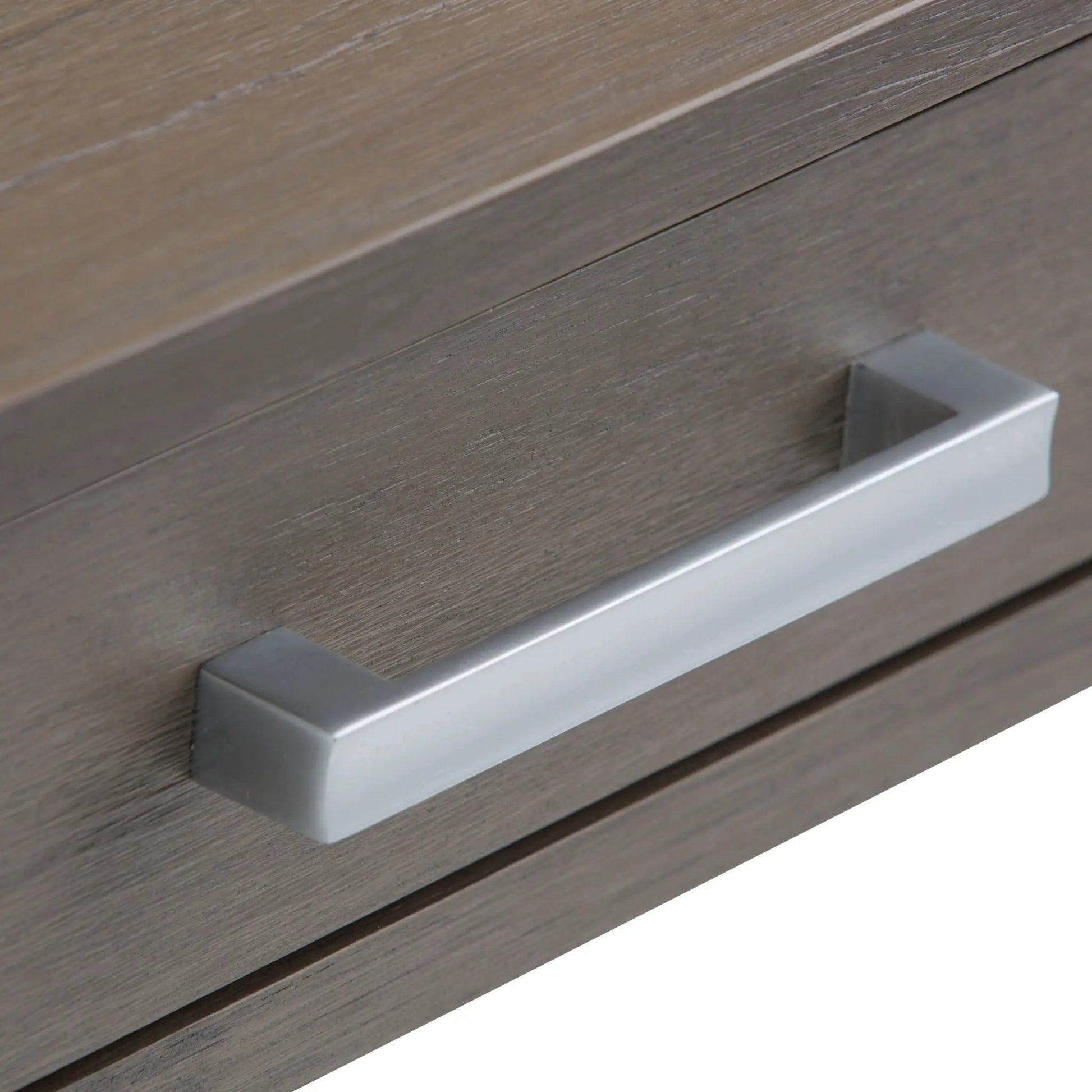 Kitchener handcrafted console table in weathered wood with brushed metal bar accent on Tampa Home & Garden Store