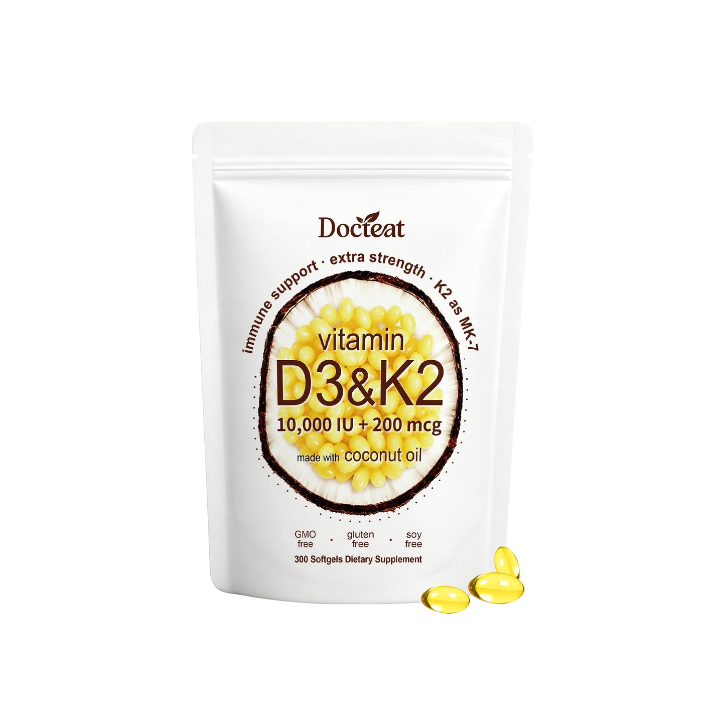 Docteat Vitamin D3 and K2 dietary supplement pouch with yellow softgels coconut oil on Tampa Home & Garden Store