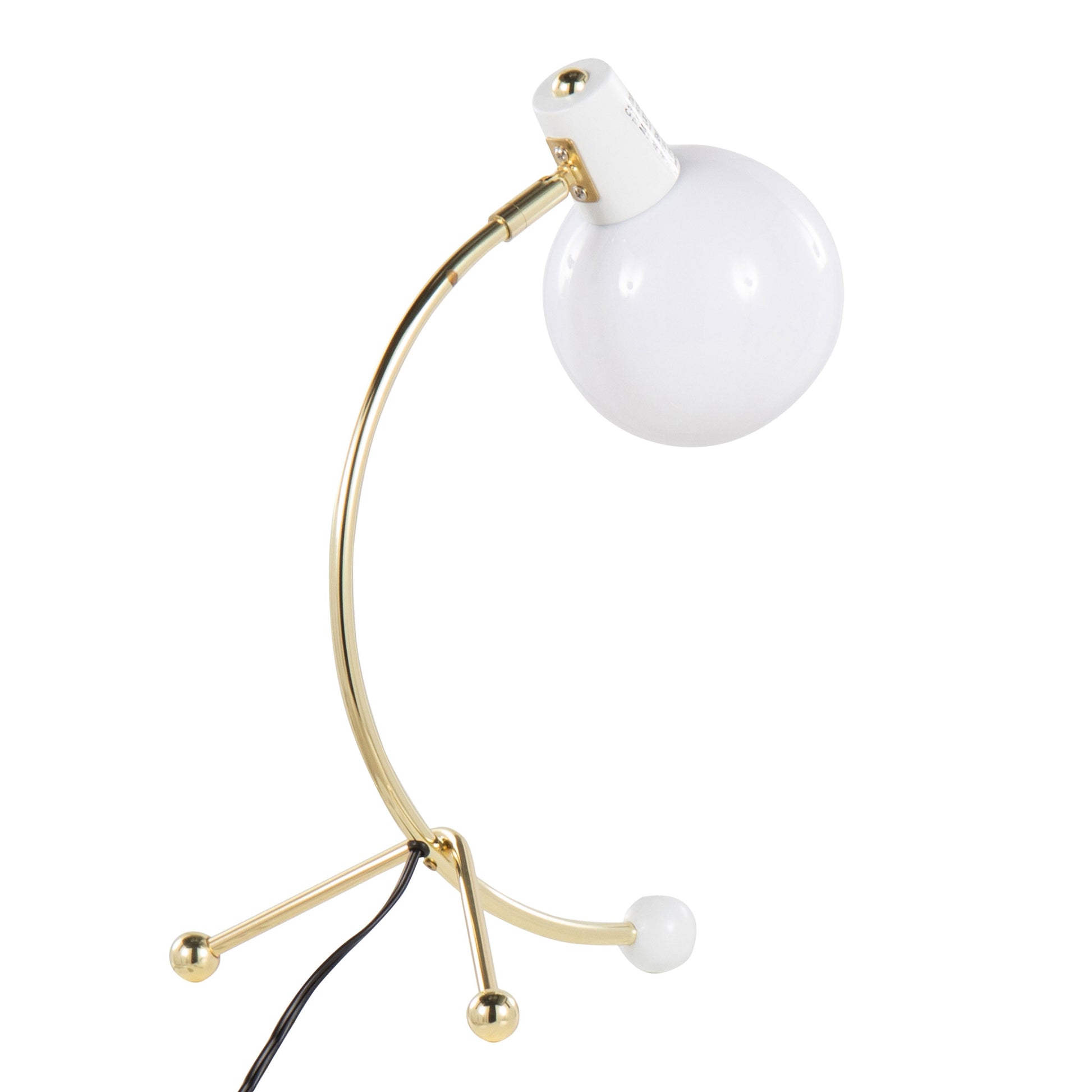 Eileen Contemporary Task Lamp gold metal with white shade, curved arm and globe, HouseOfZazla on Tampa Home & Garden Store