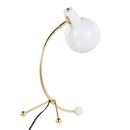Eileen Contemporary Task Lamp gold metal with white shade, curved arm and globe, HouseOfZazla on Tampa Home & Garden Store