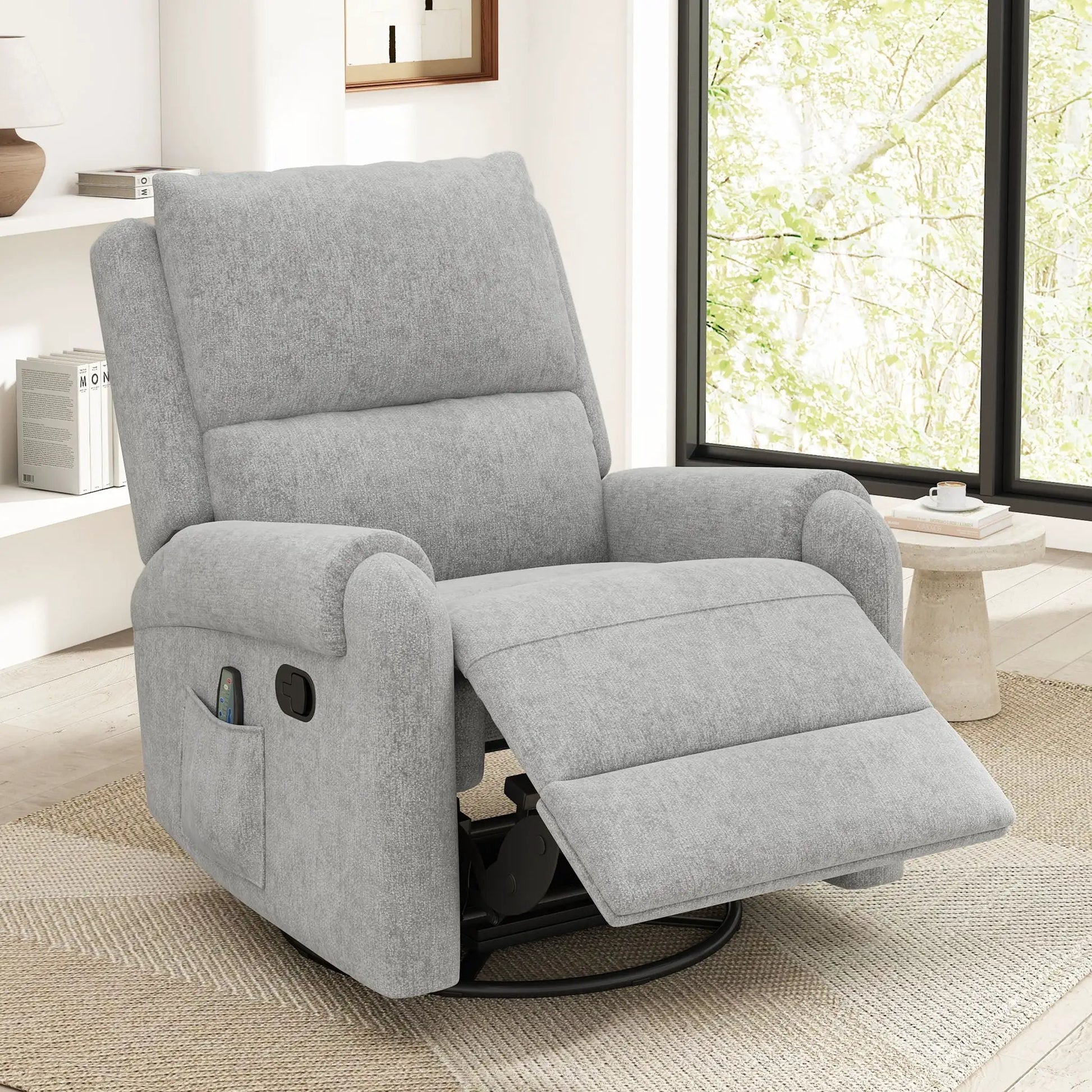 Manual recliner massage chair in gray fabric with footrest and side pocket on Tampa Home & Garden Store