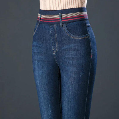 Elastic waist denim jeans with striped waistband, dark blue, front pockets FLIPSTYLEZLLC on Tampa Home & Garden Store
